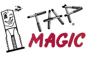 Tap Magic logo featuring a smiling wrench mascot with geometric text design in black and red