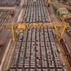 Aerial view of busy shipping port with hundreds of stacked containers, yellow gantry cranes, and cargo handling equipment
