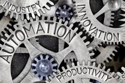 Interconnected gears and cogs with overlaid business and technology keywords representing automation and industrial innovation