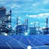 Industrial refinery and solar panel facility with digital connectivity icons representing smart manufacturing and renewable energy integration