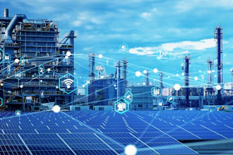 Industrial refinery and solar panel facility with digital connectivity icons representing smart manufacturing and renewable energy integration