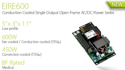 EIRE600 conduction cooled 600W AC/DC power supply with low profile design and medical rating specifications