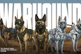 Five tactical military working dogs in combat gear standing in desert landscape with 'Warbound' title text