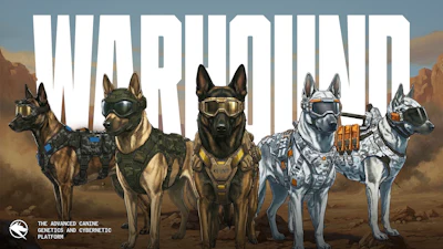 Five tactical military working dogs in combat gear standing in desert landscape with 'Warbound' title text