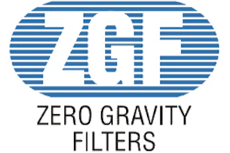 Zero Gravity Filters logo with blue and white striped geometric design