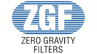 Zero Gravity Filters logo with blue and white striped geometric design
